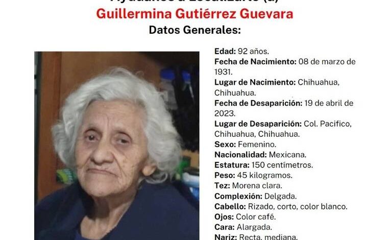 Piden ayuda para encontrar a adulta mayor Guillermina Gutiérrez