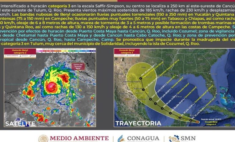 Huracán Beryl ya es categoría 3 y se acerca a Tulum